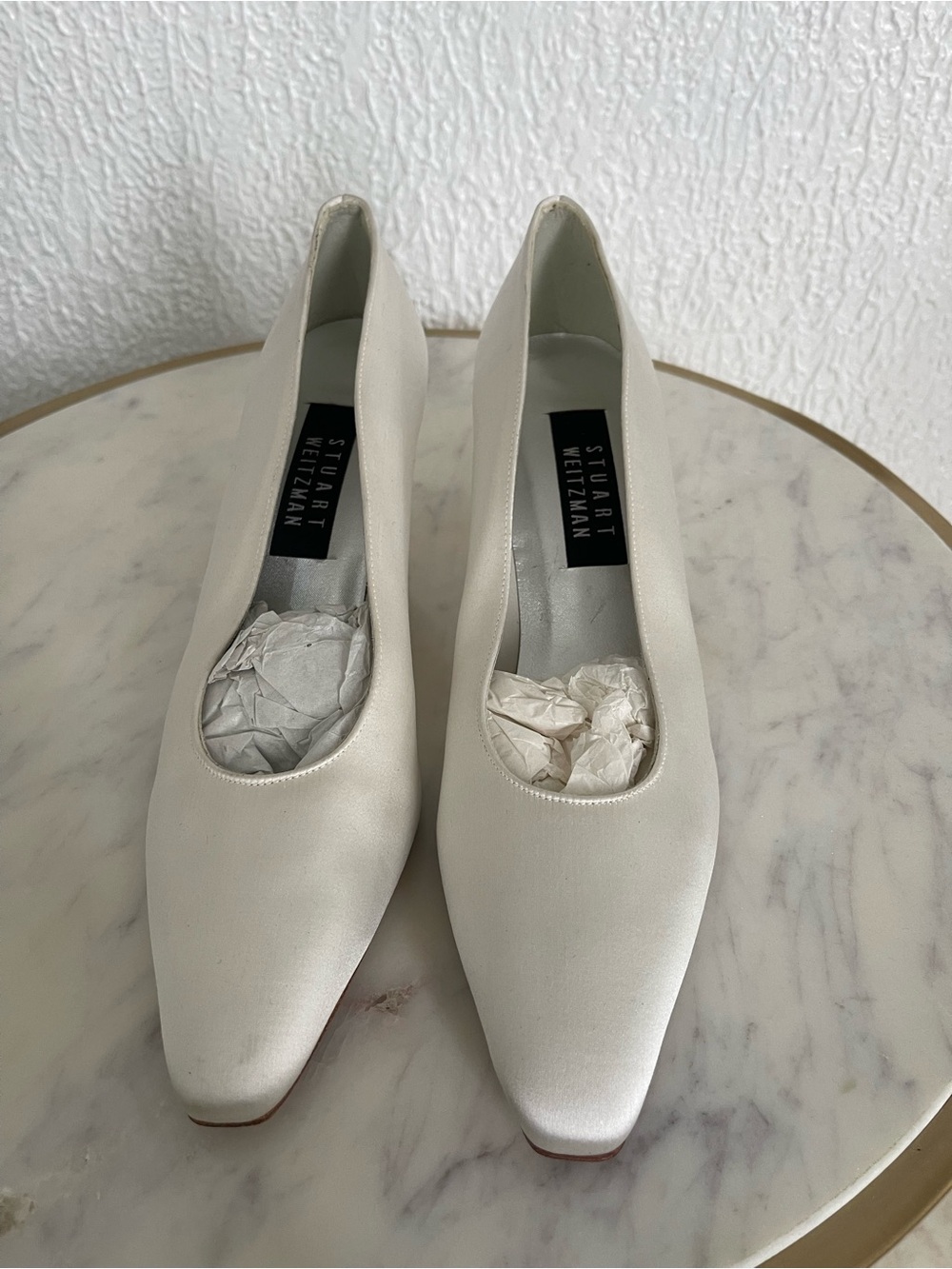 Stuart Weitzman Satin Square-Toe Pumps in Ivory